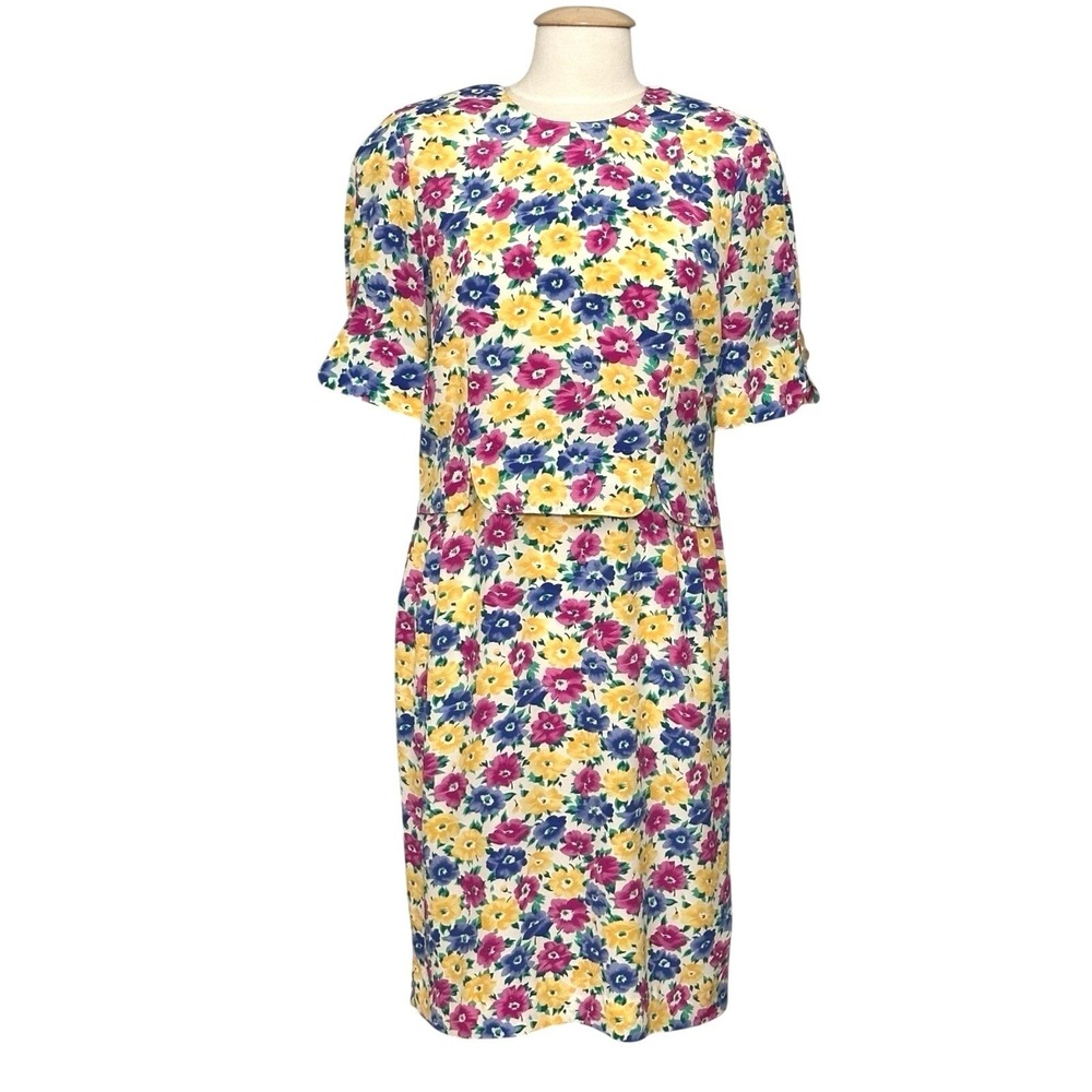 VTG 80s Leslie Fay Women Dress 12P Colorful Floral Classic Feminine Occasion